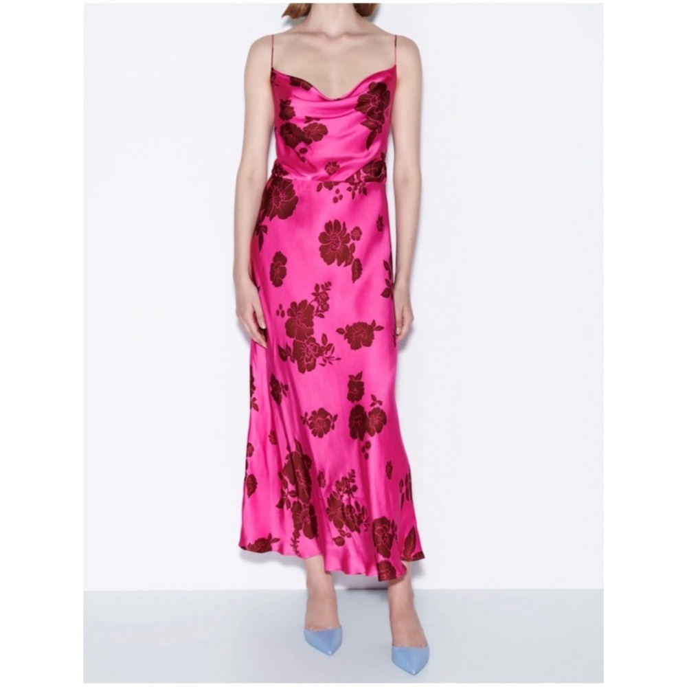 ZARA Cowl Neck Blouson Y2K Pink Satin Floral Midi to Maxi Slip Dress Small